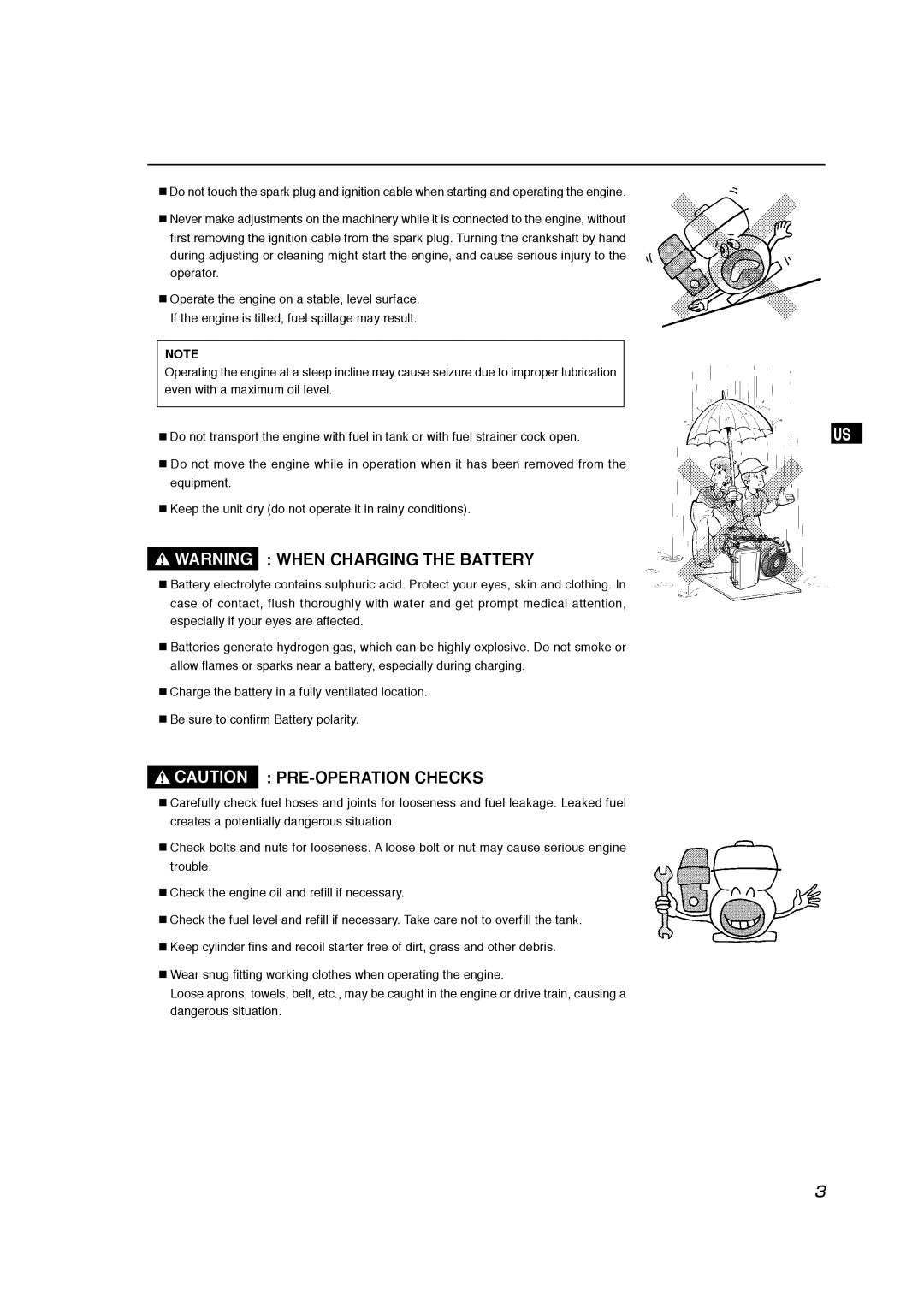 Subaru Robin Power Products EX30 manual Warning When Charging The Battery, Caution Pre-Operation Checks 