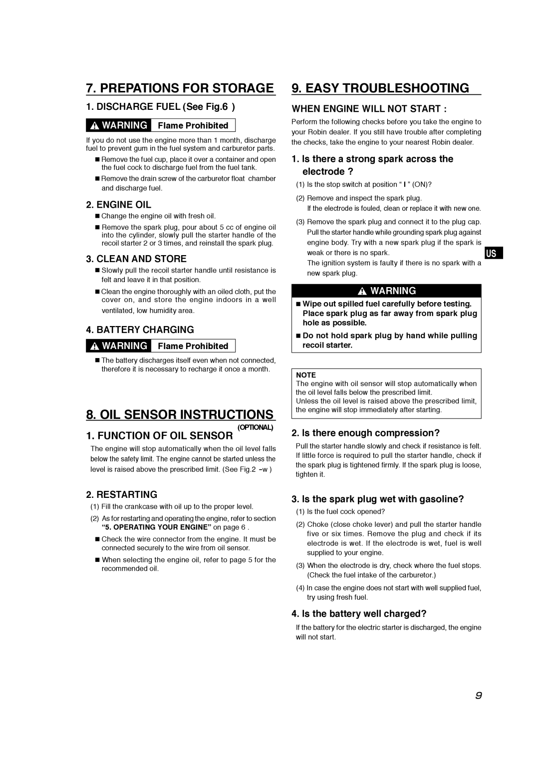 Subaru Robin Power Products EX30 manual Prepations for Storage, OIL Sensor Instructions, Easy Troubleshooting 