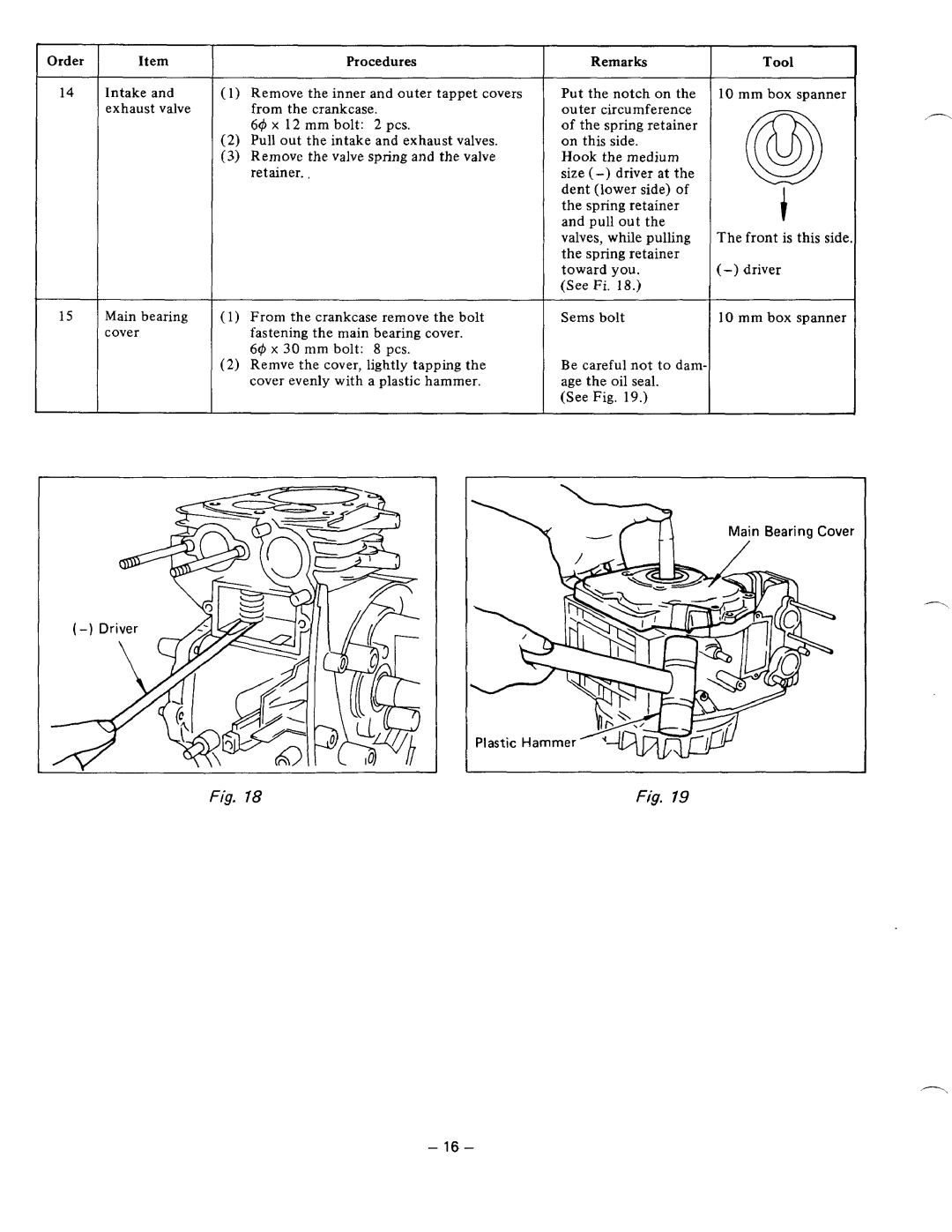 Subaru Robin Power Products EY15V, EY20V manual Order Exhaust valve Main bearing cover Procedures Remarks 