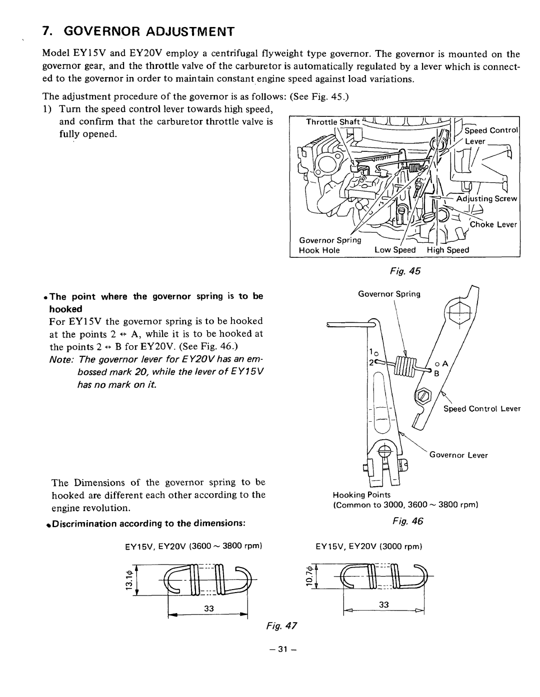 Subaru Robin Power Products EY20V, EY15V manual Governoradjustment, Point where the governorspring is to be hooked 