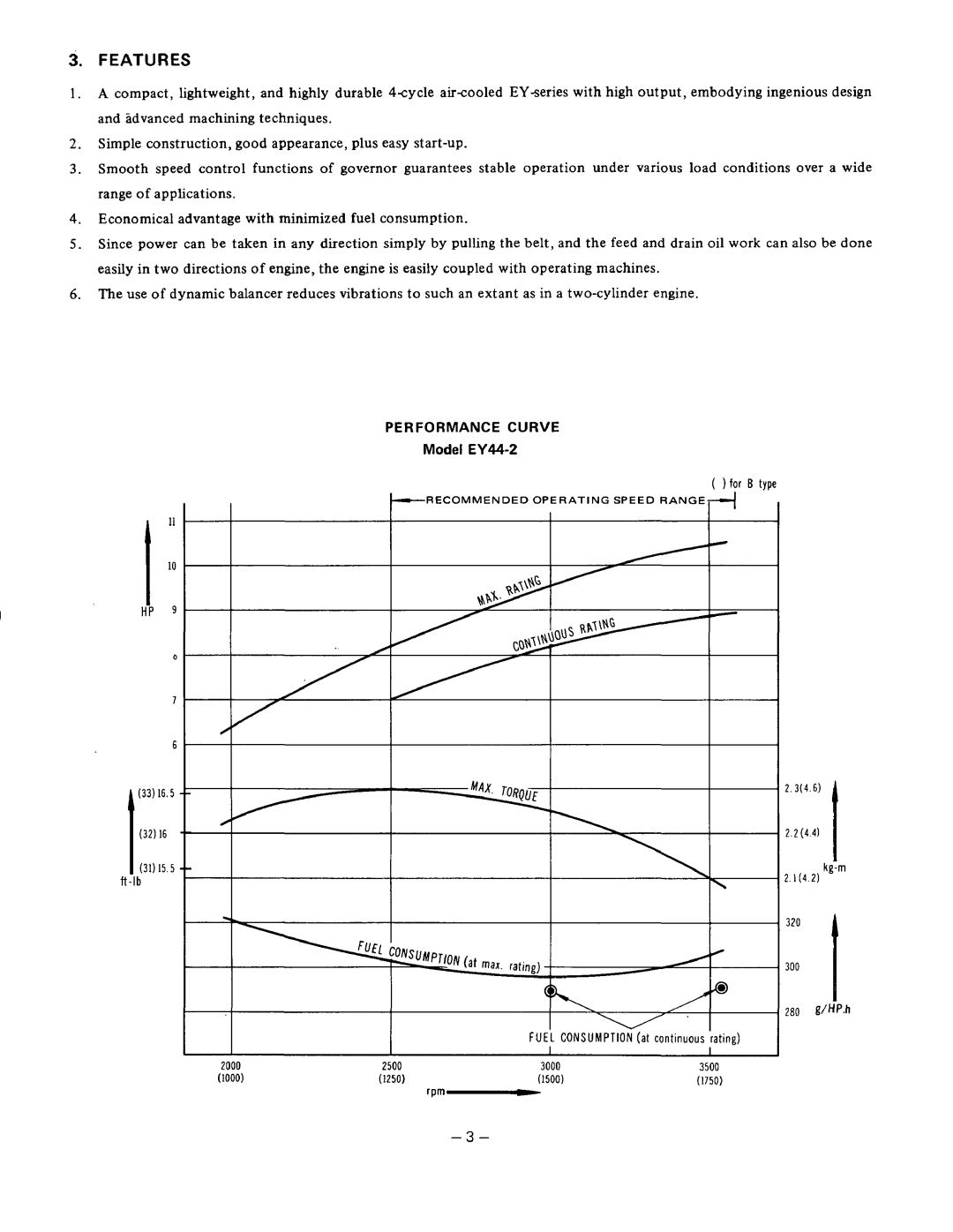 Subaru Robin Power Products EY33-2 manual Features, Performance Curve, Model EY44-2 