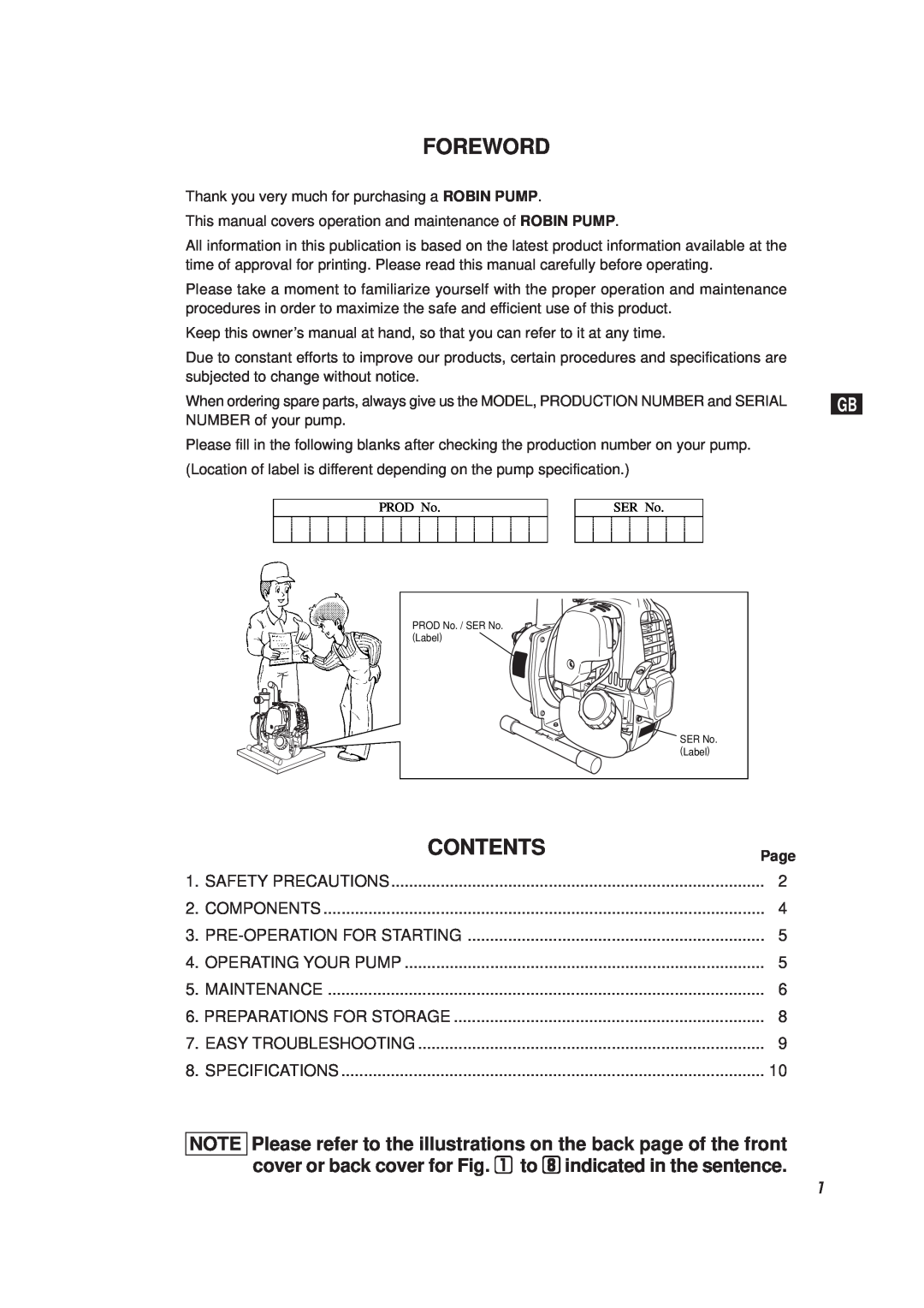 Subaru Robin Power Products PKV101 manual Foreword, Contents 