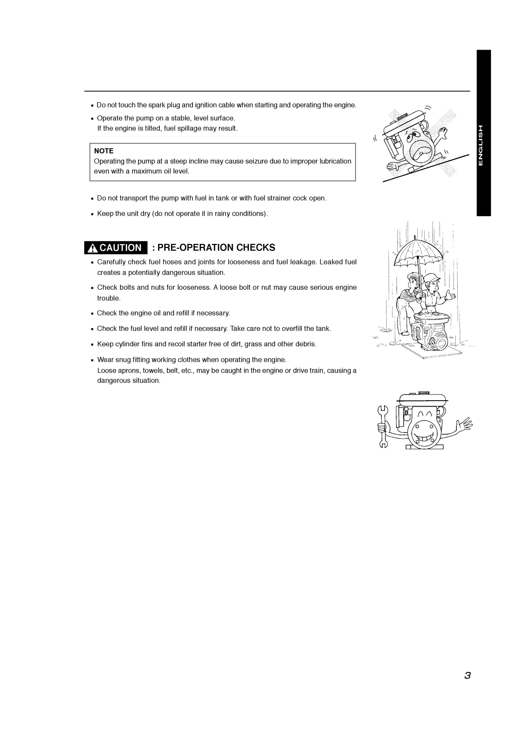 Subaru Robin Power Products PKV401T manual Caution : Pre-Operationchecks, English 