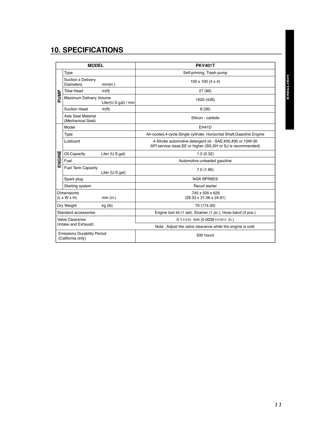 Subaru Robin Power Products PKV401T manual Specifications, English Française Español, Model, Pump, Engine 