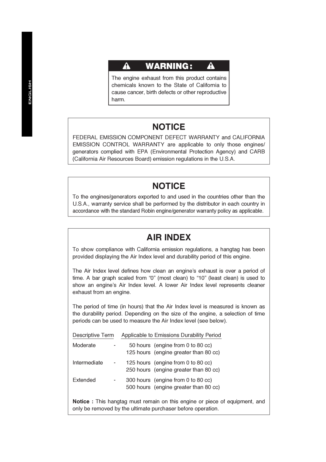 Subaru Robin Power Products PKV401T manual English Française Español, Notice, Air Index 