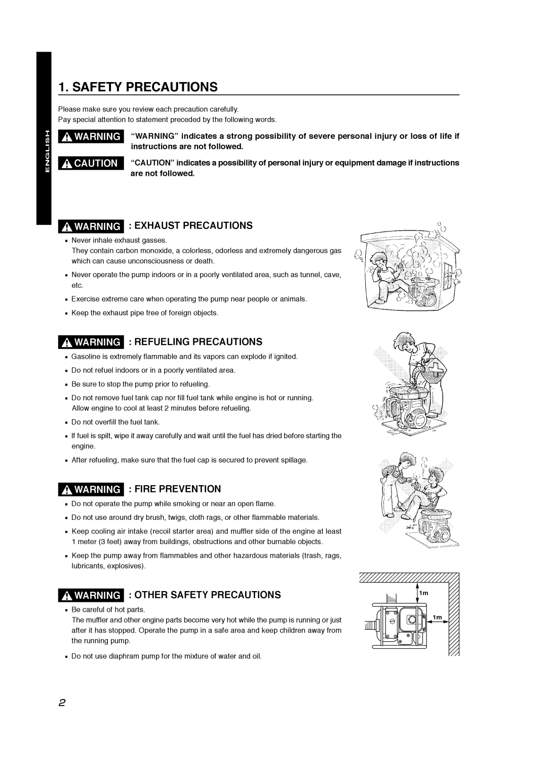 Subaru Robin Power Products PKV401T manual Safety Precautions, English, Française Español, Warning : Exhaust Precautions 
