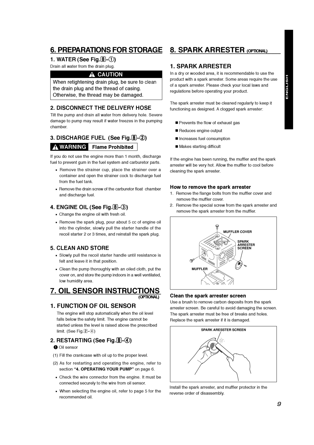 Subaru Robin Power Products PKV401T manual OIL Sensor Instructions, Spark Arrester Optional, Disconnect the Delivery Hose 