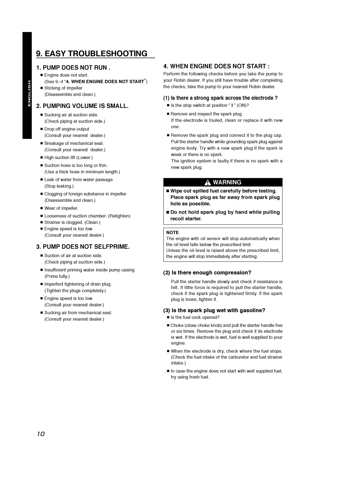 Subaru Robin Power Products PKV401T manual Easy Troubleshooting, Pump does not RUN, Pumping Volume is Small 