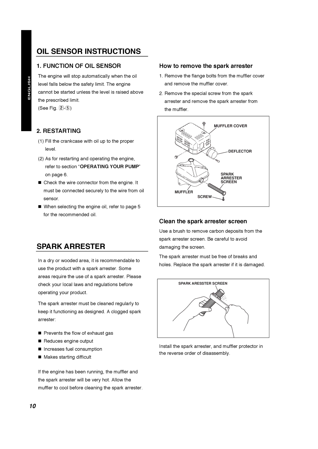 Subaru Robin Power Products PTX201D, PTX301D OIL Sensor Instructions, Spark Arrester, Function of OIL Sensor, Restarting 