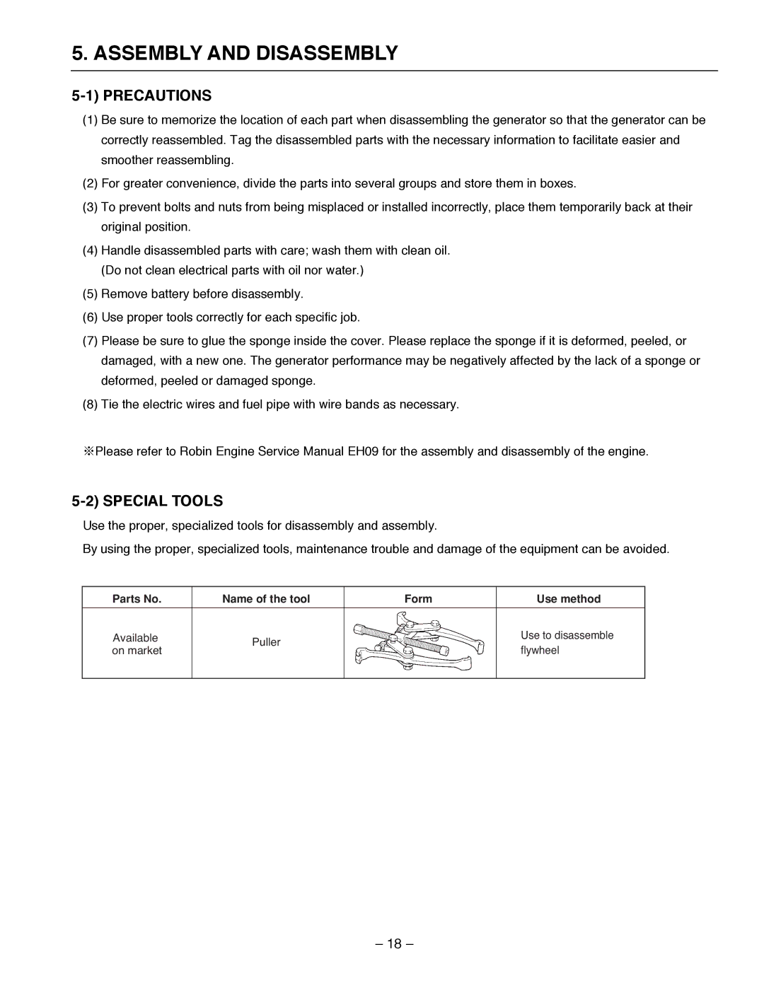 Subaru Robin Power Products R1700i service manual Assembly and Disassembly, Precautions, Special Tools 