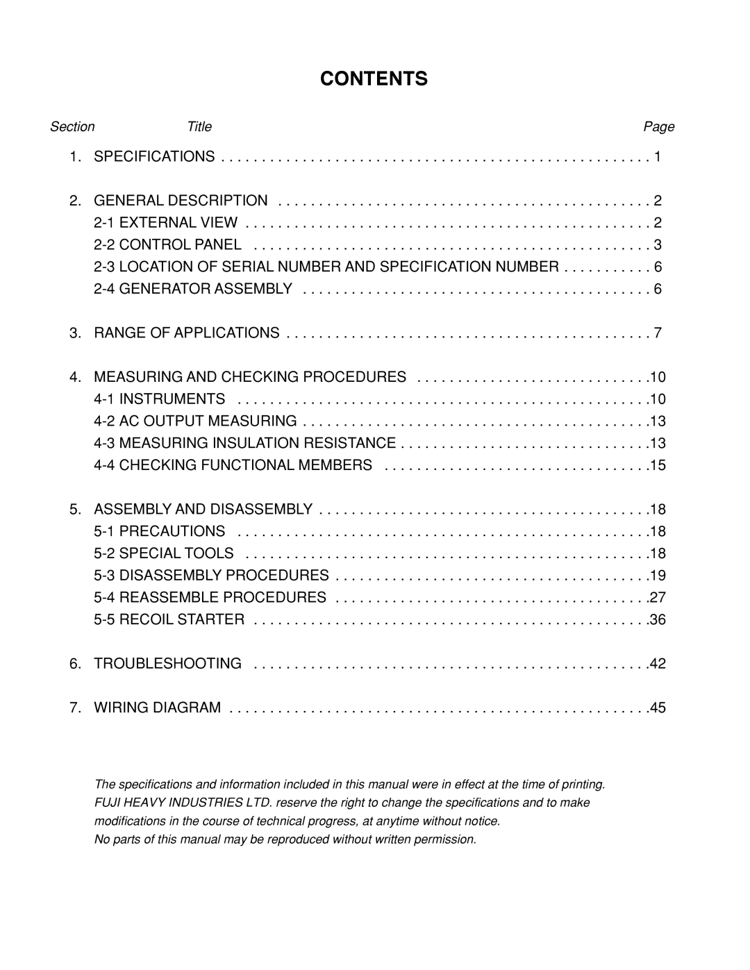 Subaru Robin Power Products R1700i service manual Contents 