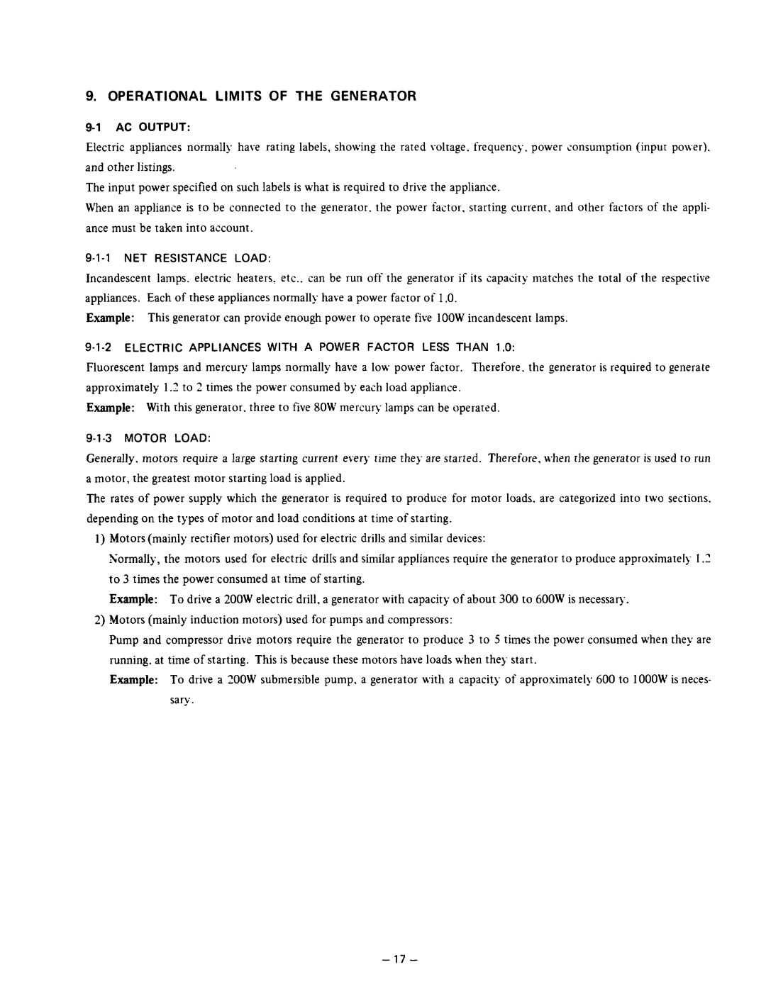 Subaru Robin Power Products R600 manual Operational Limits of the Generator, AC Output 