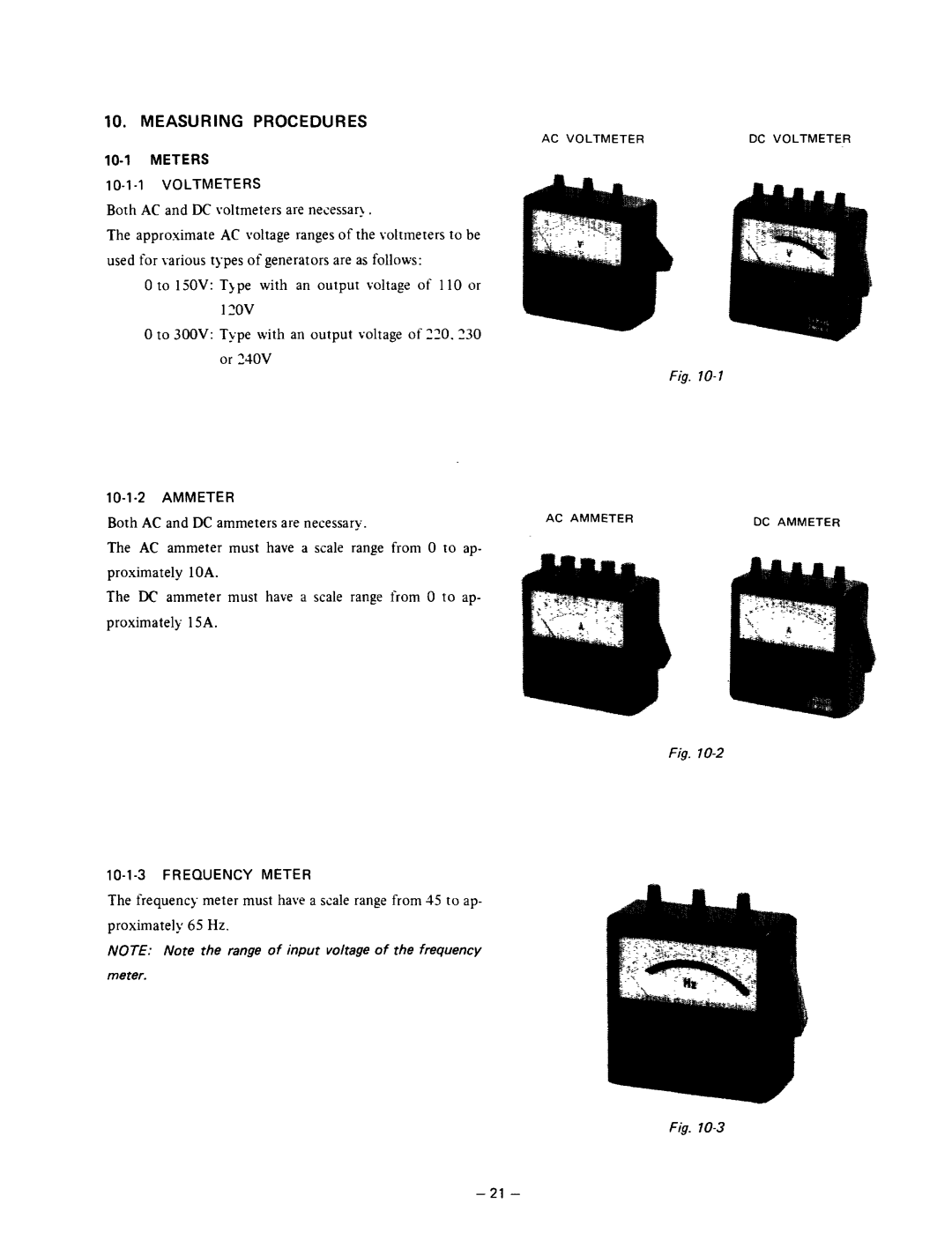 Subaru Robin Power Products R600 manual Measuring Procedures, Meters Voltmeters, 10-l-2 Ammeter, 10-l-3 Frequency Meter 