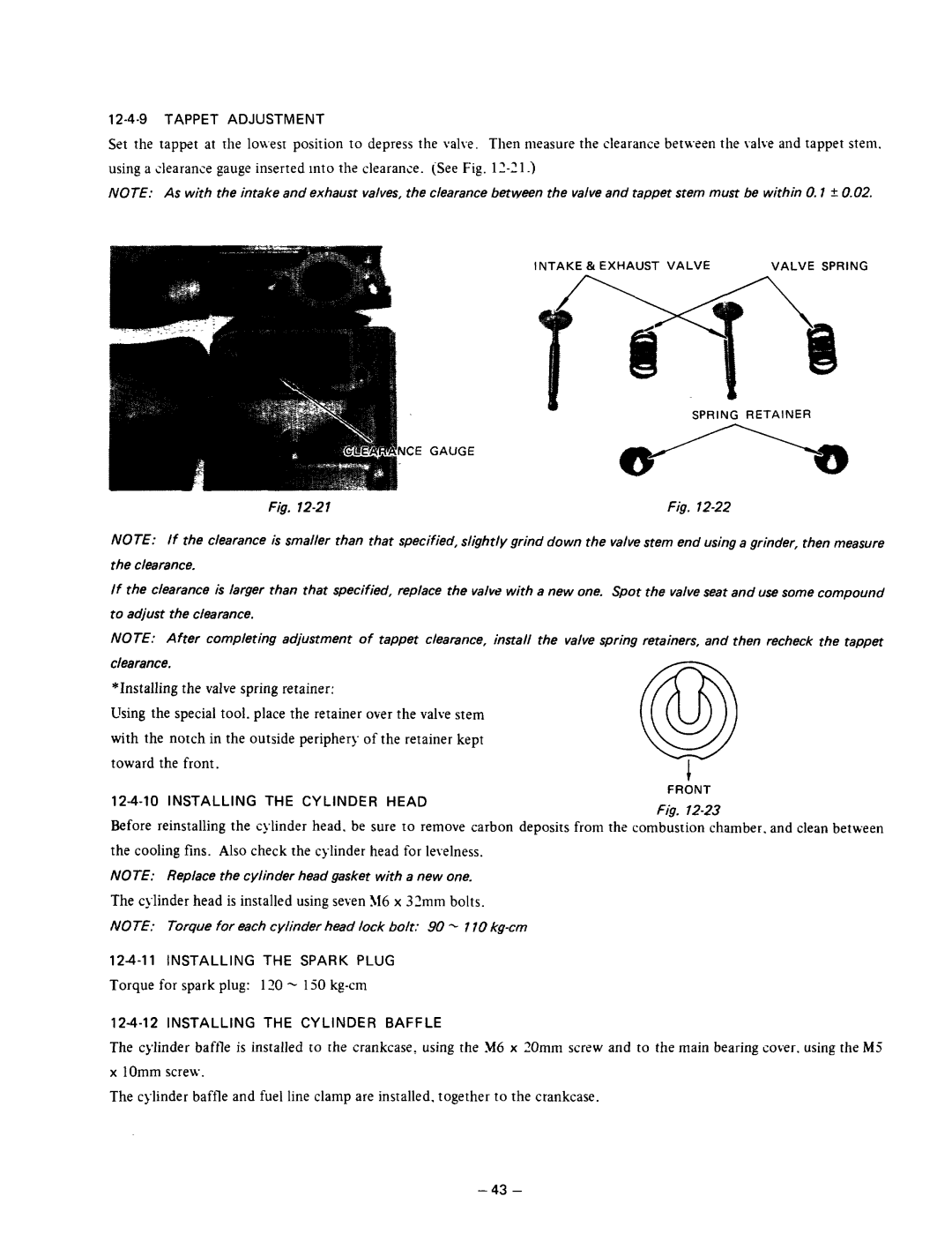 Subaru Robin Power Products R600 Torque for spark plug 120 130 kg-cm, Tappet Adjustment, Installing the Cylinder Head 