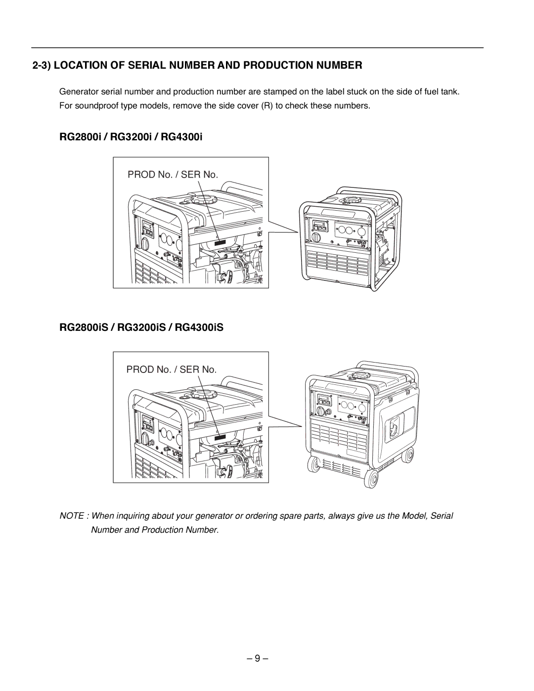 Subaru Robin Power Products RG3200IS, RG2800IS, RG4300IS Location of Serial Number and Production Number 