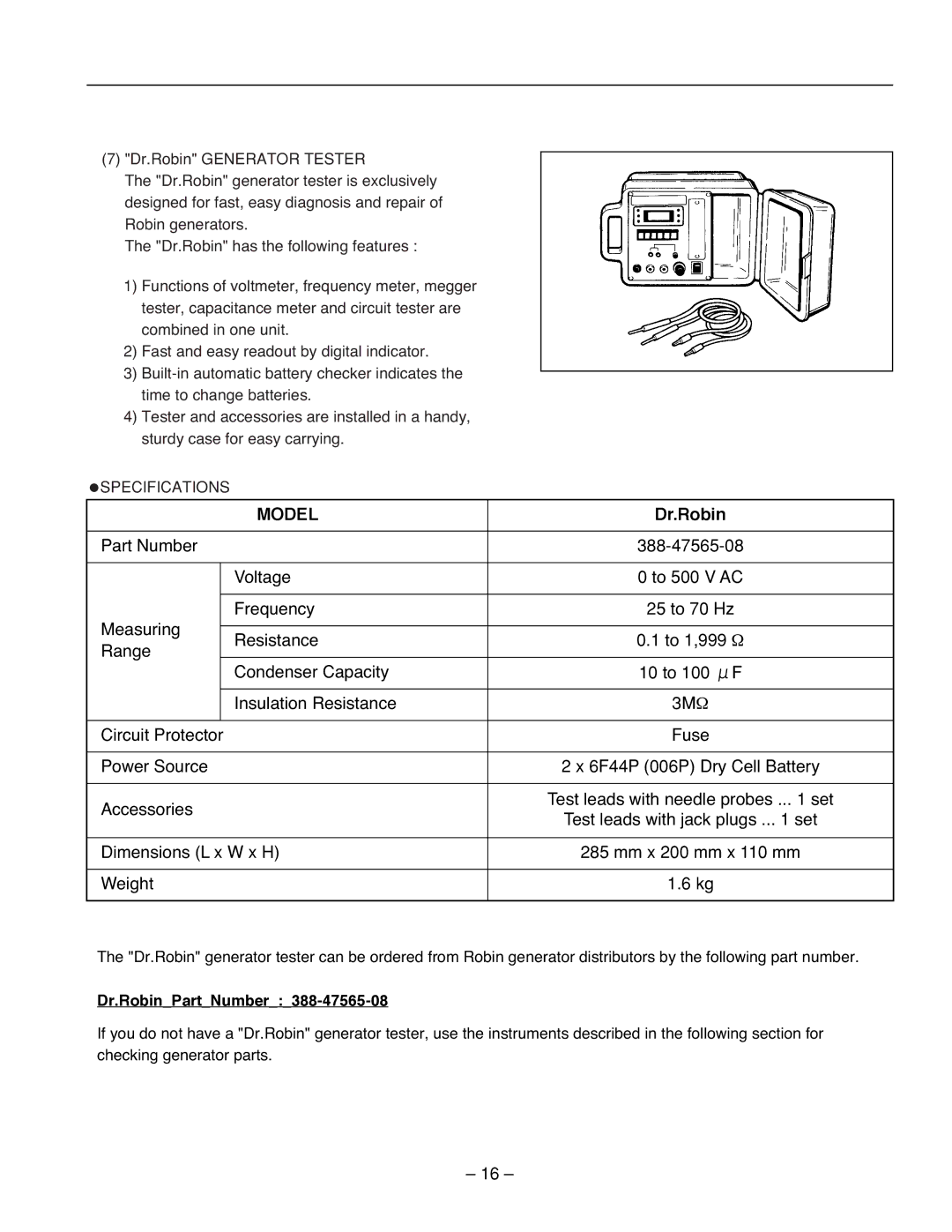 Subaru Robin Power Products RG3200IS, RG2800IS, RG4300IS Model, Specifications, Dr.RobinPartNumber388-47565-08 