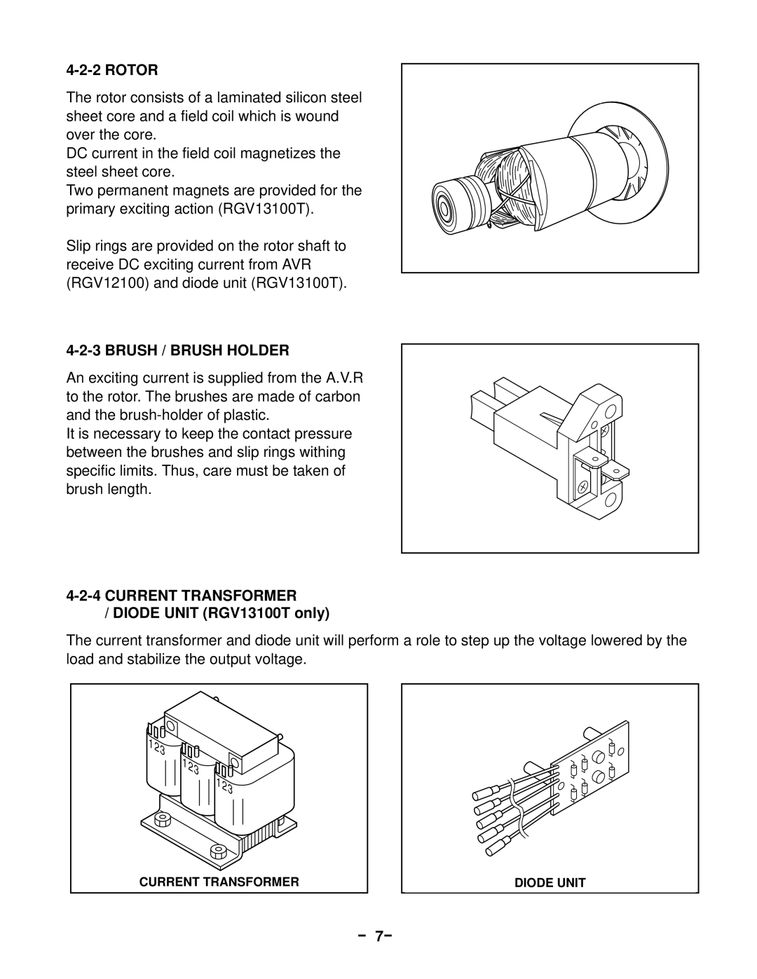 Subaru Robin Power Products RGV12100 Rotor, Brush / Brush Holder, Current Transformer, Diode Unit RGV13100T only, － 7－ 