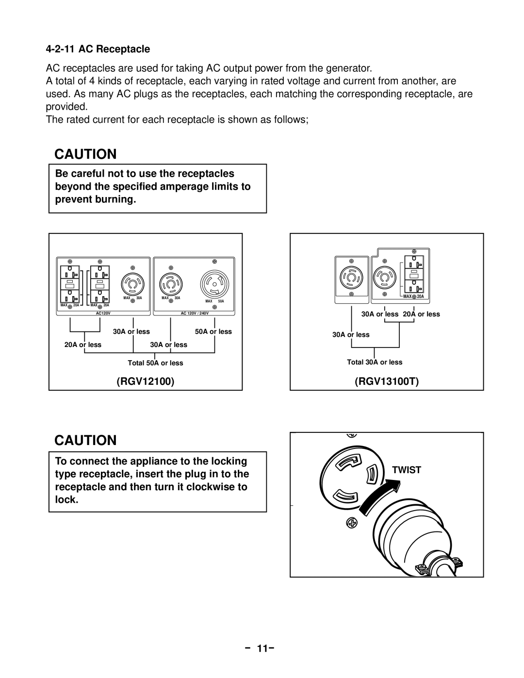 Subaru Robin Power Products RGV12100 service manual AC Receptacle, RGV13100T, － 11－ 