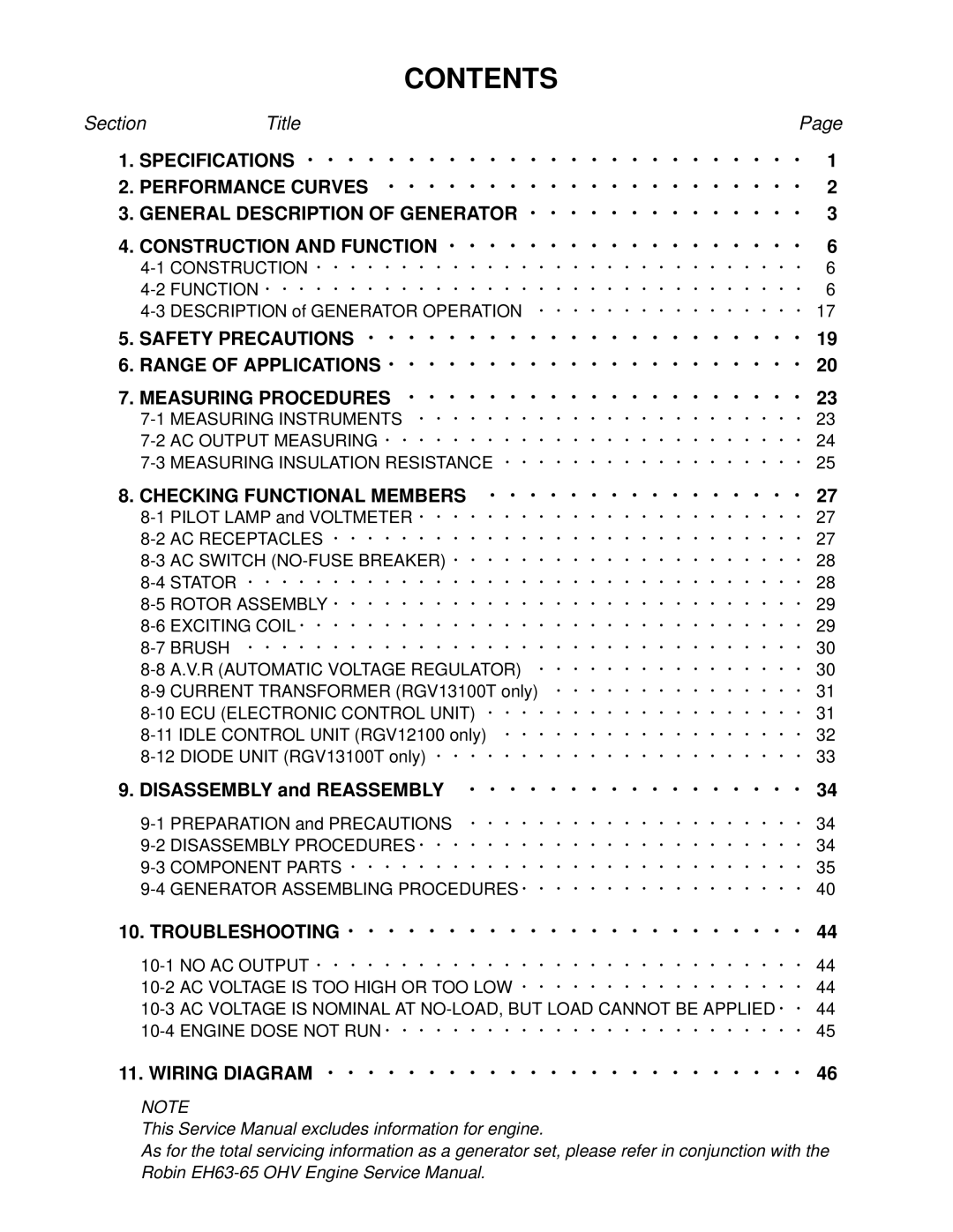 Subaru Robin Power Products RGV12100, 13100T service manual Contents 