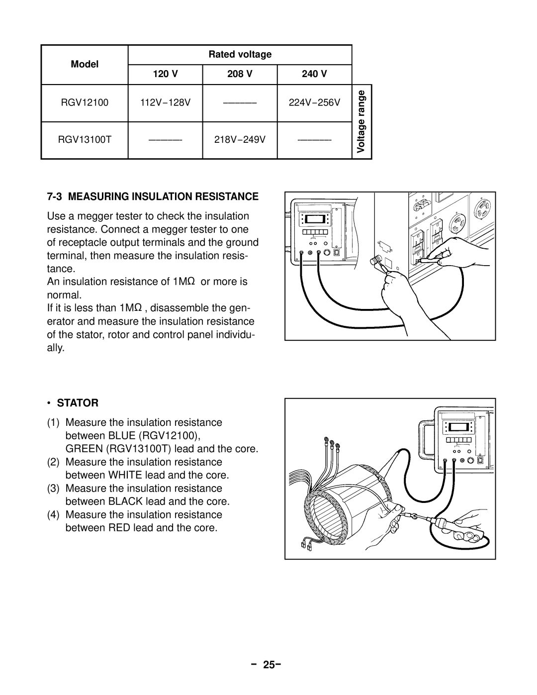 Subaru Robin Power Products RGV12100, 13100T service manual Measuring Insulation Resistance, Stator, － 25－ 