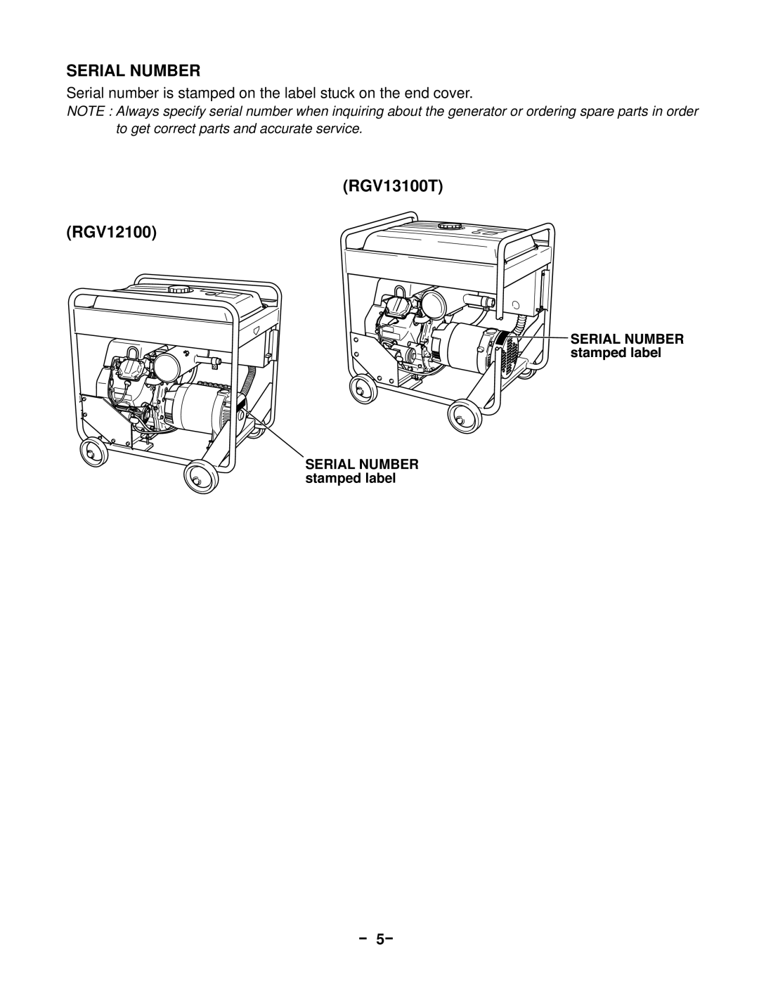 Subaru Robin Power Products RGV12100, 13100T service manual Serial Number, － 5－ 