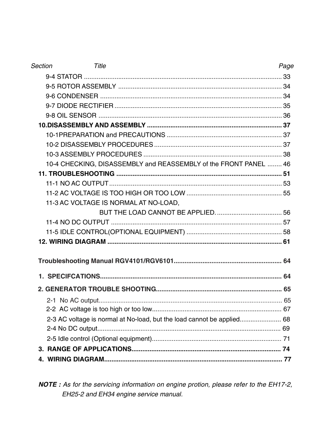 Subaru Robin Power Products RGV4100, RGV6100 service manual Disassembly and Assembly, Troubleshooting, Wiring Diagram 