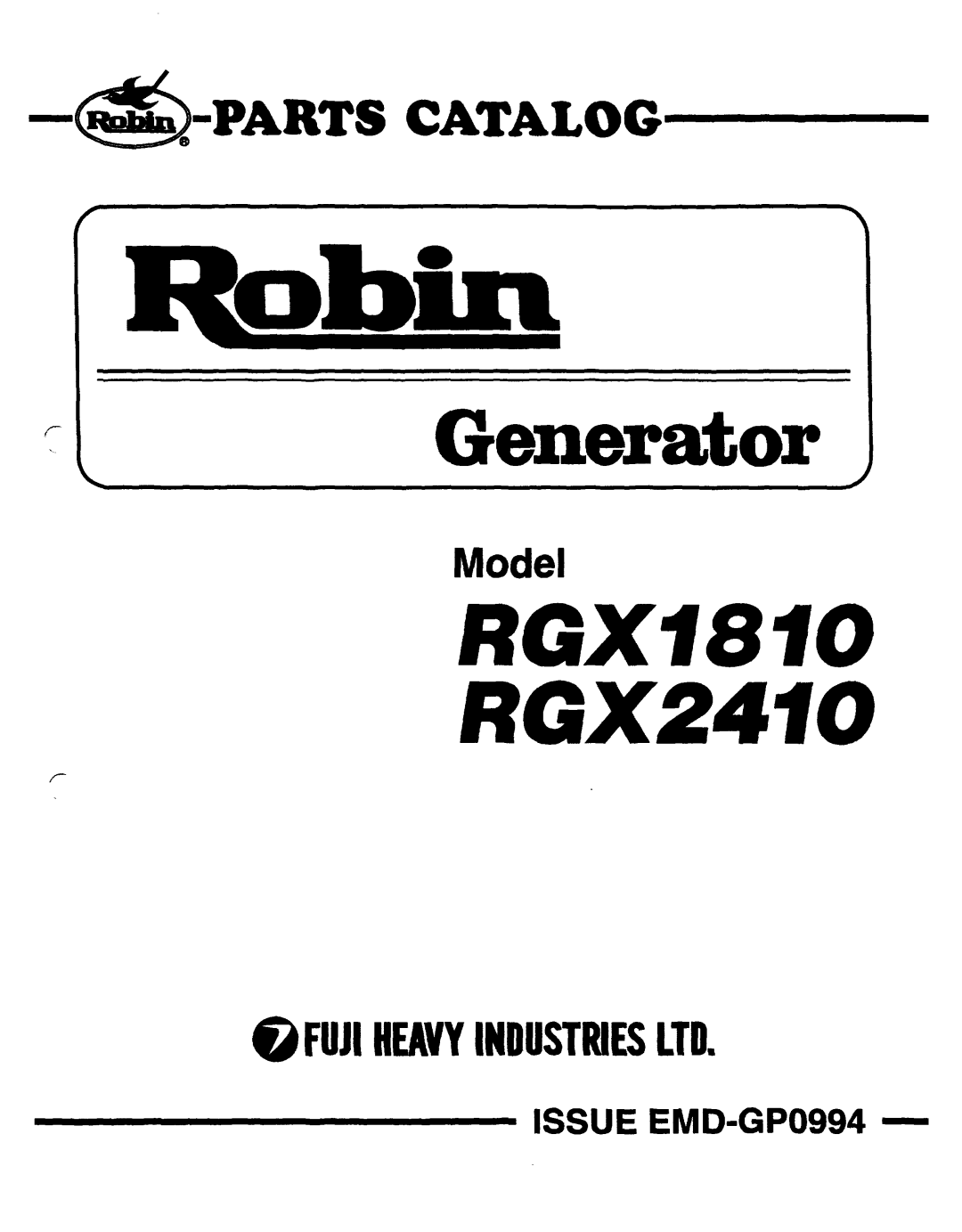 Subaru Robin Power Products RGX5510, RGXl810 manual Model, RGXY810 RGX2410, Generator, Partscatalog, ISSUE EMD-GPO994 