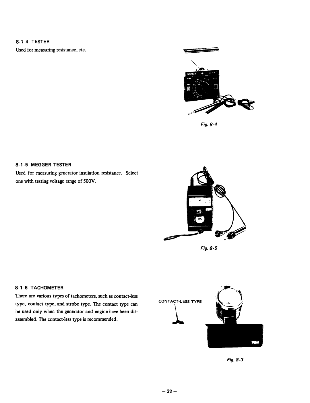 Subaru Robin Power Products RGX405, RGX405D manual Used for measuring resistance, etc, Megger Tester, Tachometer 