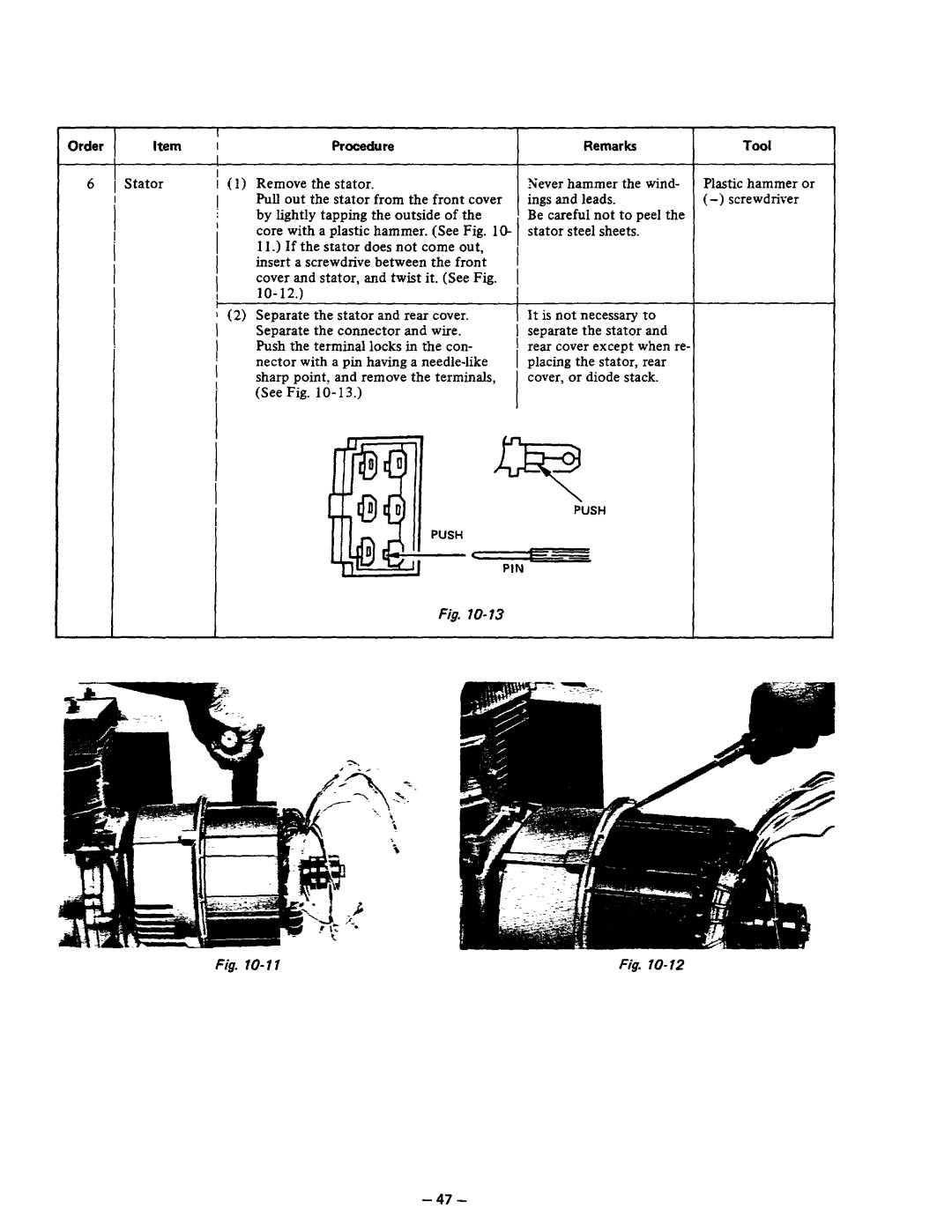 Subaru Robin Power Products RGX405, RGX405D manual Stator, Remove the stator Sever hammer the wind, Ings and leads 