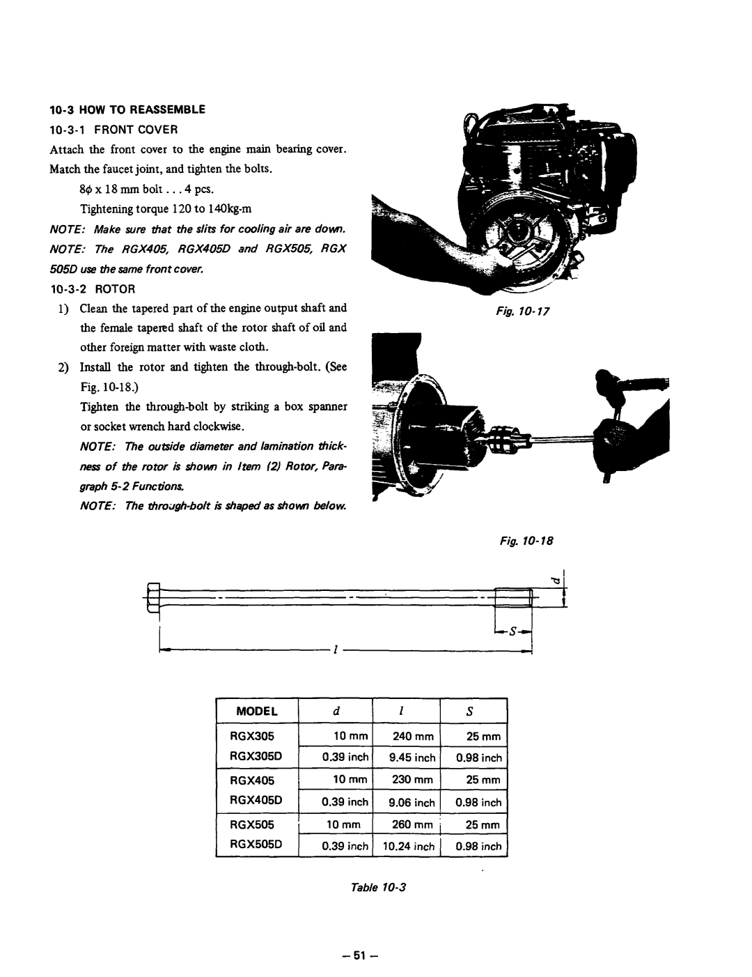 Subaru Robin Power Products RGX405, RGX405D manual HOW to Reassemble, Front Cover, Inch, RGX505 10mm 260 mm 