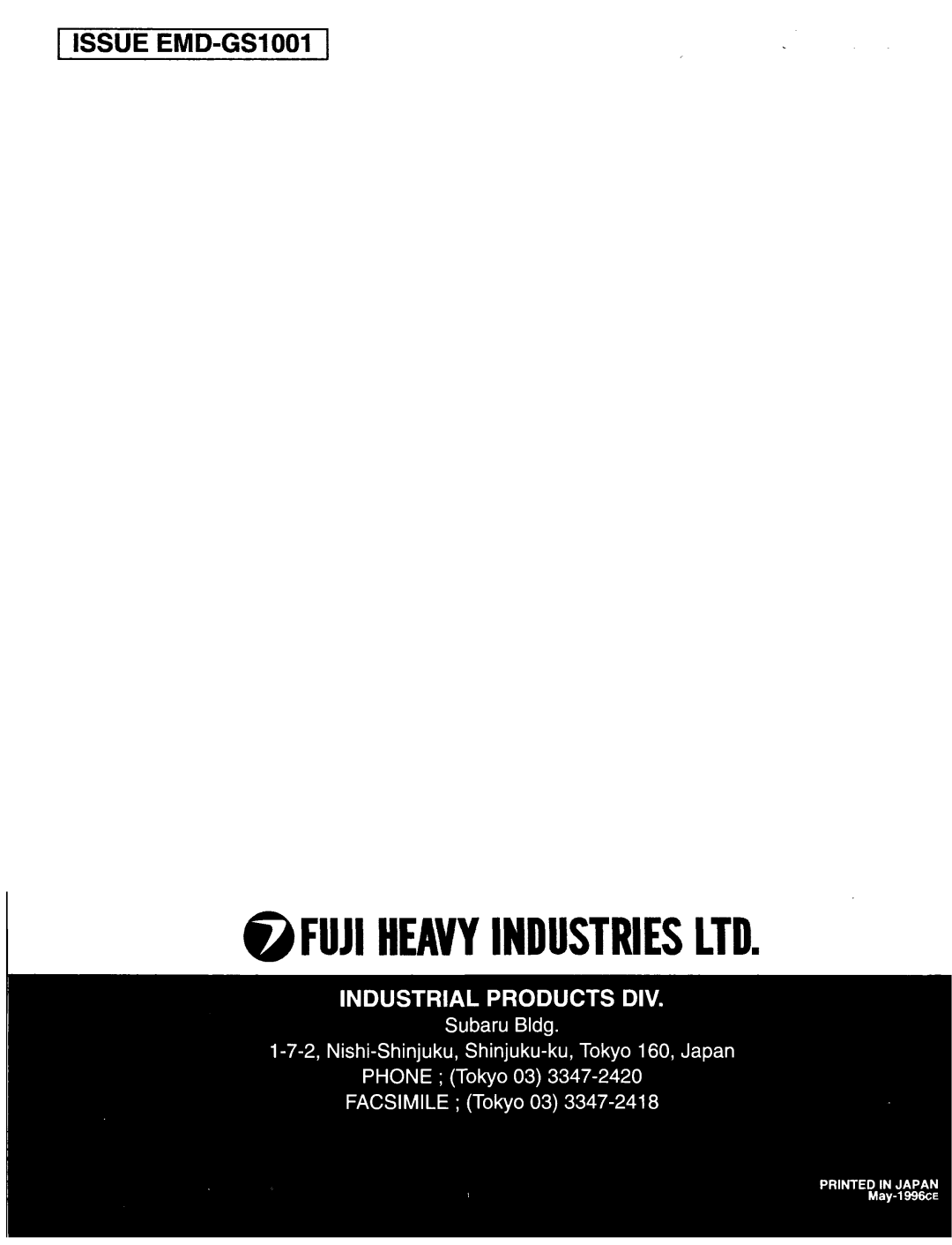 Subaru Robin Power Products RGX3510 manual @Fuji Heavy Industriesltd, I ISSUEEMD-GS1001 