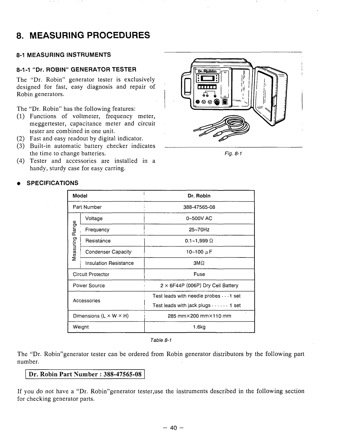 Subaru Robin Power Products RGX3510 manual Measuring Procedures, Measuringinstruments, 1 Dr. Robin Generator Tester 