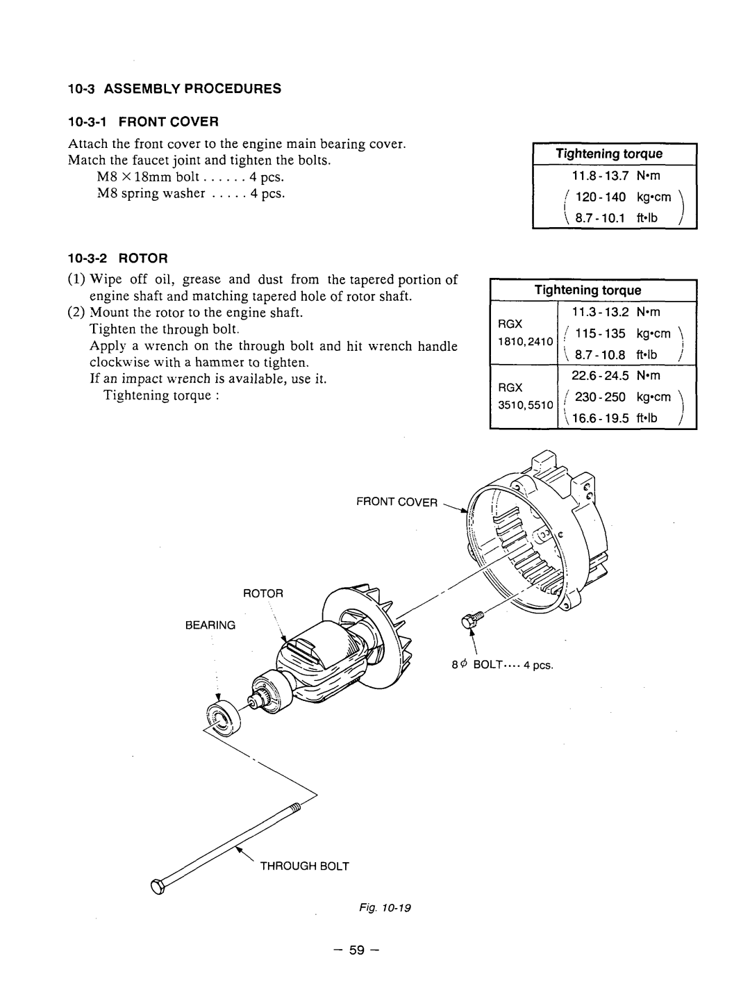 Subaru Robin Power Products RGX3510 manual 10-3ASSEMBLYPROCEDURES 10-3-1FRONTCOVER, N m Kg-cm, Tt 8.7 10.8 ft4b 