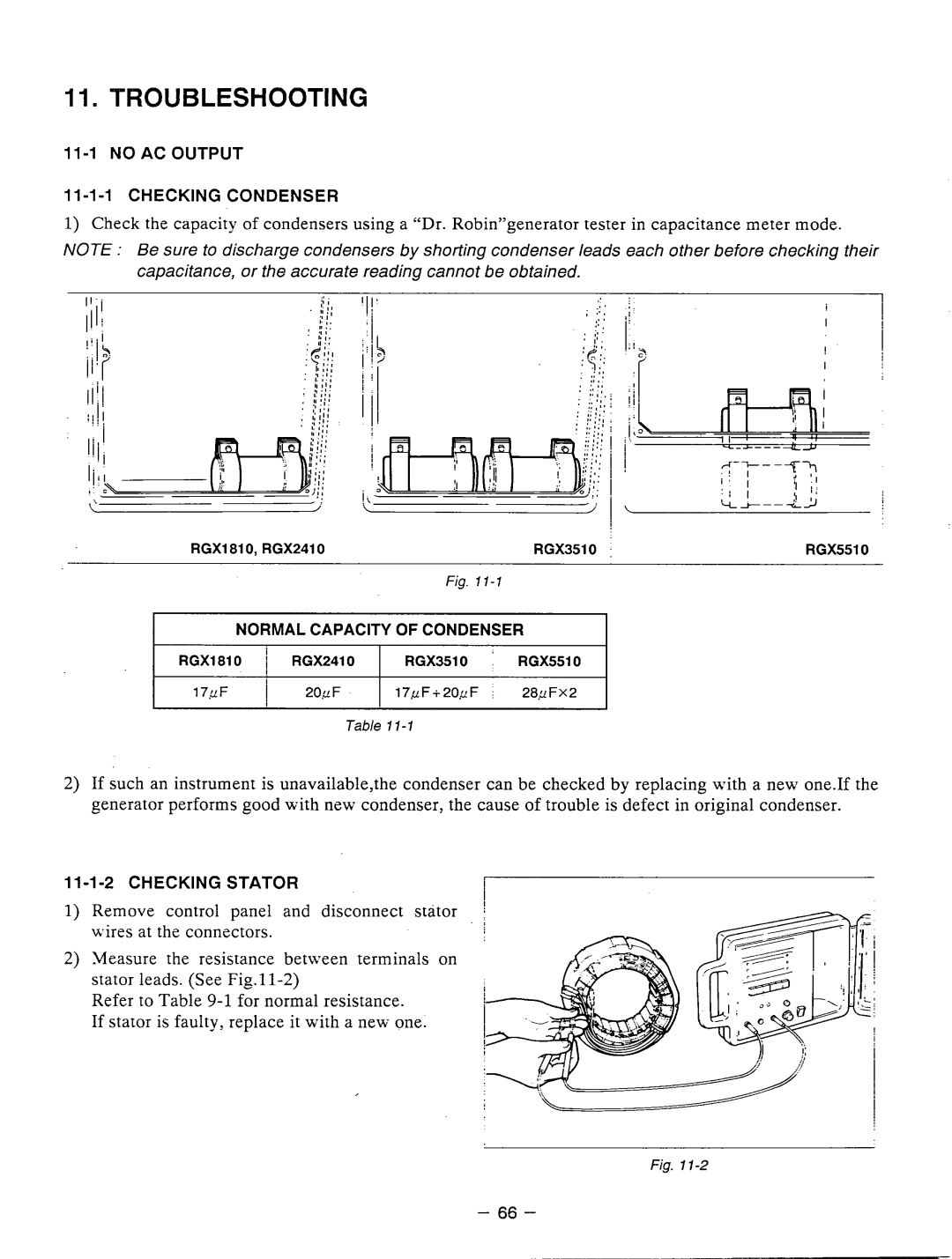 Subaru Robin Power Products RGX3510 Troubleshooting, 11-1NO AC Output Checking Condenser, Normalcapacity of Condenser 