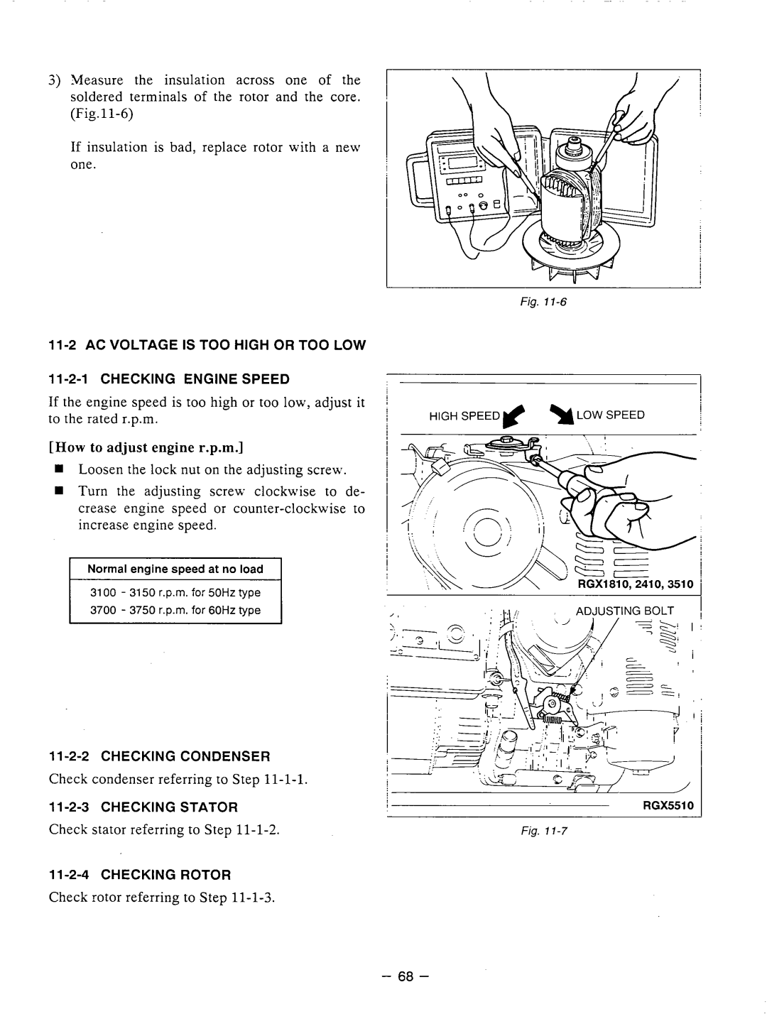 Subaru Robin Power Products RGX3510 manual AC Voltge is TOO High or TOO LOW Checking Engine Speed, 11-2-4CHECKING Rotor 