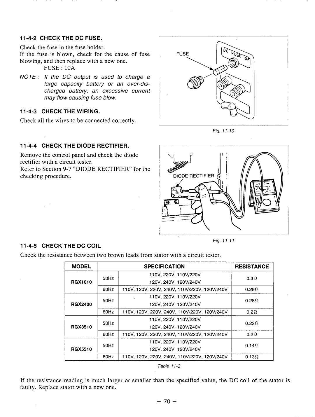 Subaru Robin Power Products RGX3510 manual Check the DC Fuse, Check the Wiring, 11 -4-4 Check the Diode Rectifier 