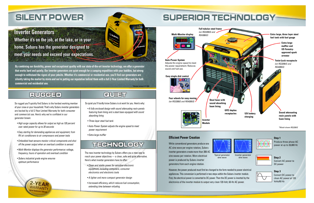 Subaru Robin Power Products RGx4800 manual Rugged Quiet, Inverter Generators 