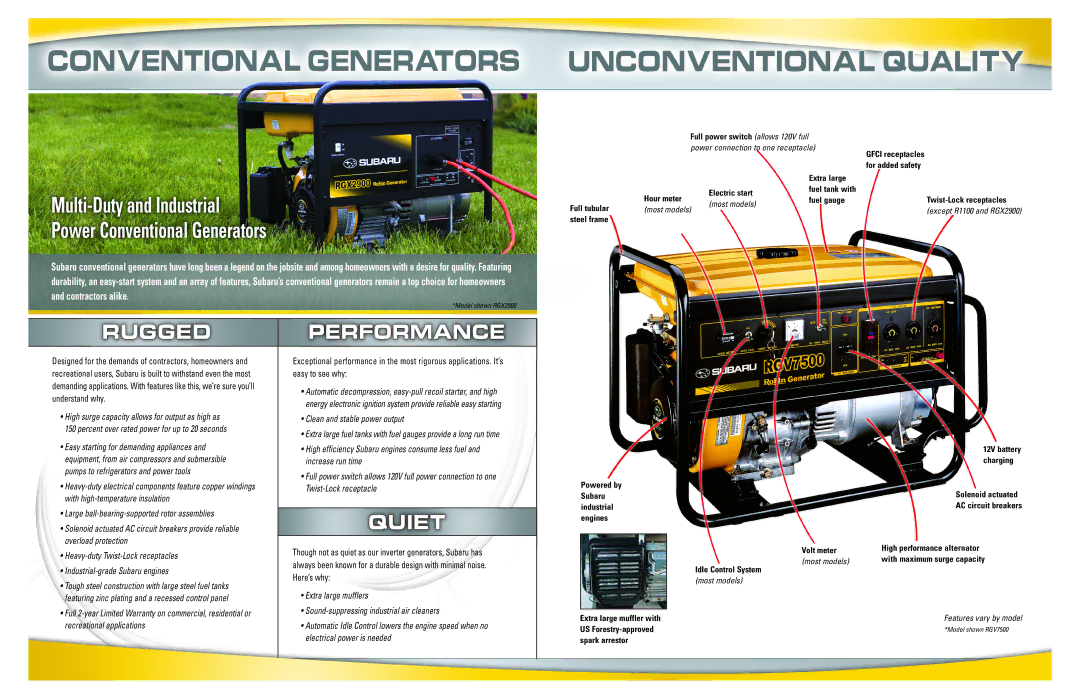 Subaru Robin Power Products RGx4800 manual Rugged, Multi-Duty and Industrial Power Conventional Generators 