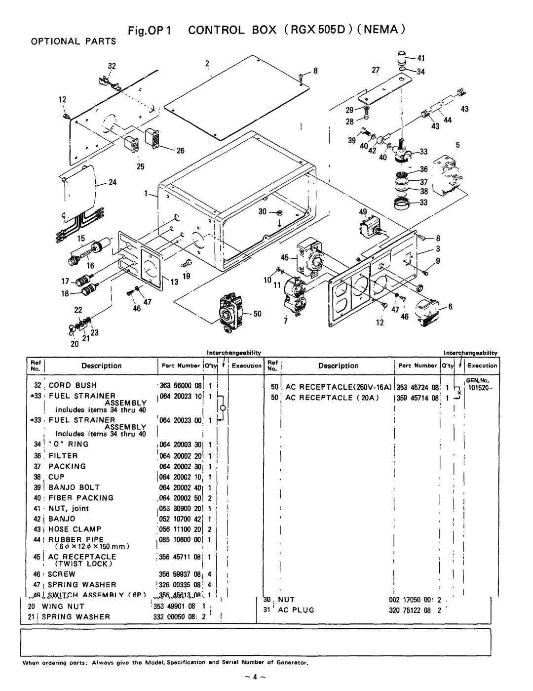 Subaru Robin Power Products RGX505 50! AC RECEPTACLE25OV-15A, Packing 38, CUP 39! Banjo Bolt, Hose Clamp 44! Rubber Pipe 