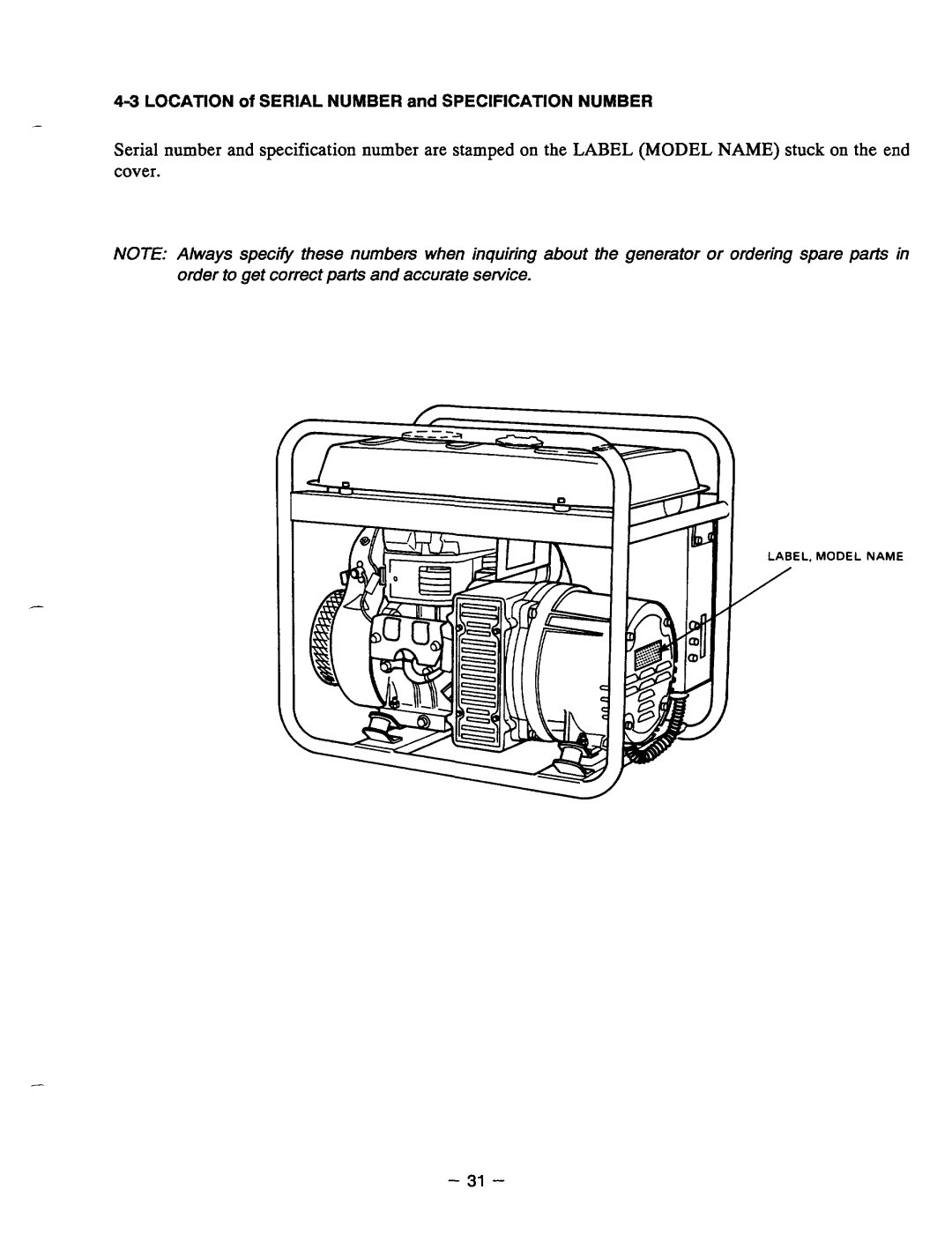 Subaru Robin Power Products RGXI 800, RGX5500, RGX3500, RGX2400 manual 3LOCATION of Serial NUMBERand Specification Number 