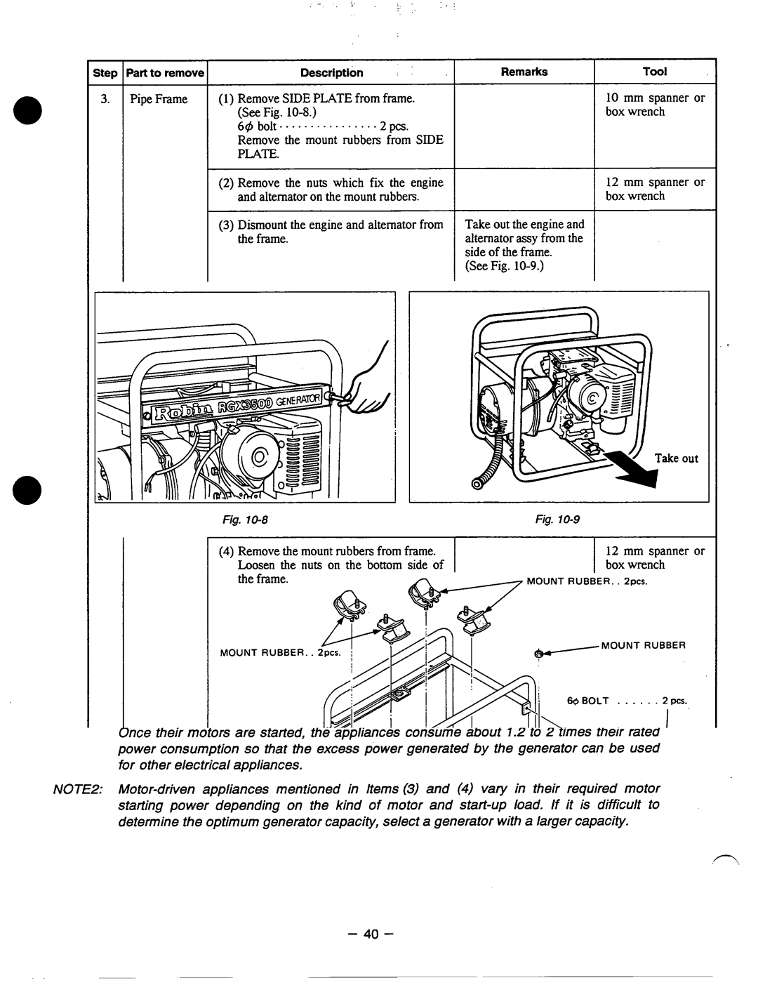 Subaru Robin Power Products RGXI 800, RGX5500, RGX3500, RGX2400 manual PipeFrame RemoveSIDE Plate from frame SeeFig 