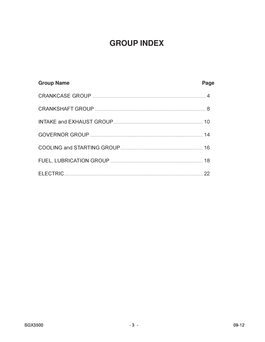 Subaru SGX3500 manual Group Index, Group Name 
