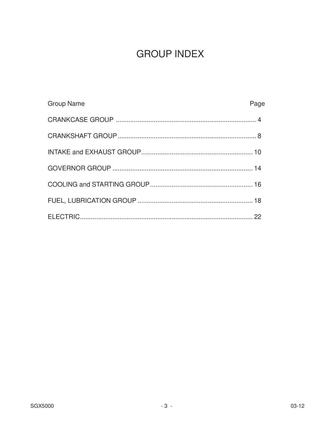 Subaru SGX5000 manual Group Index 