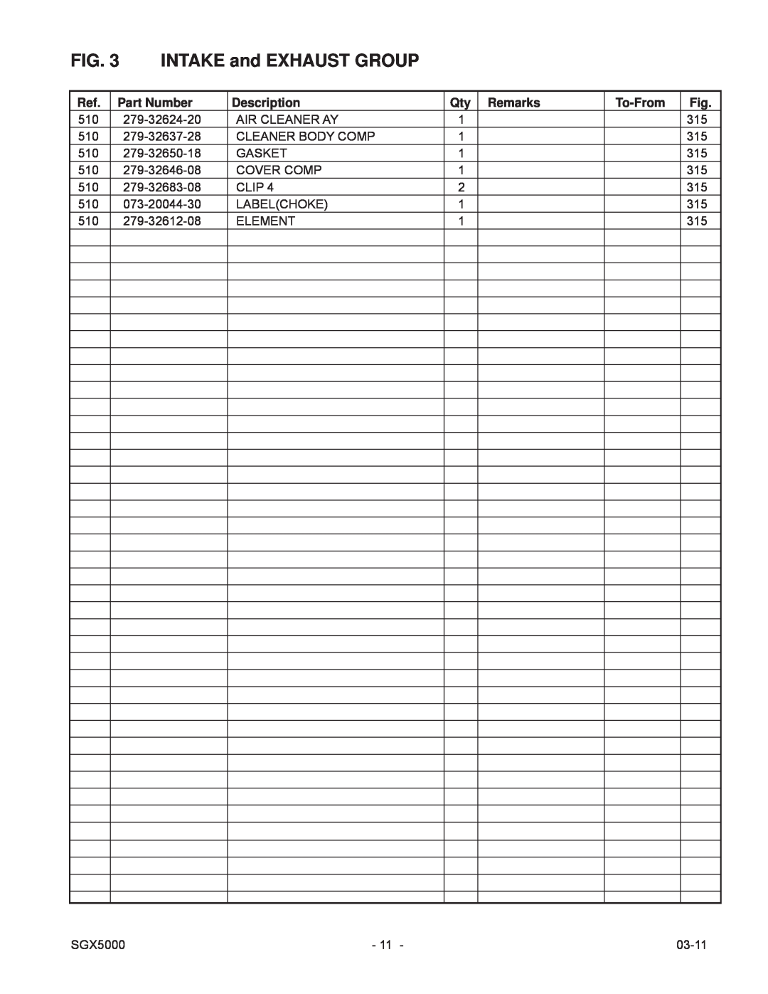 Subaru SGX5000 manual INTAKE and EXHAUST GROUP, Part Number, Description, Remarks, To-From 