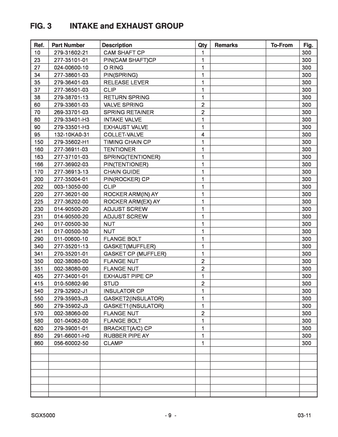 Subaru SGX5000 manual INTAKE and EXHAUST GROUP, Part Number, Description, Remarks, To-From 