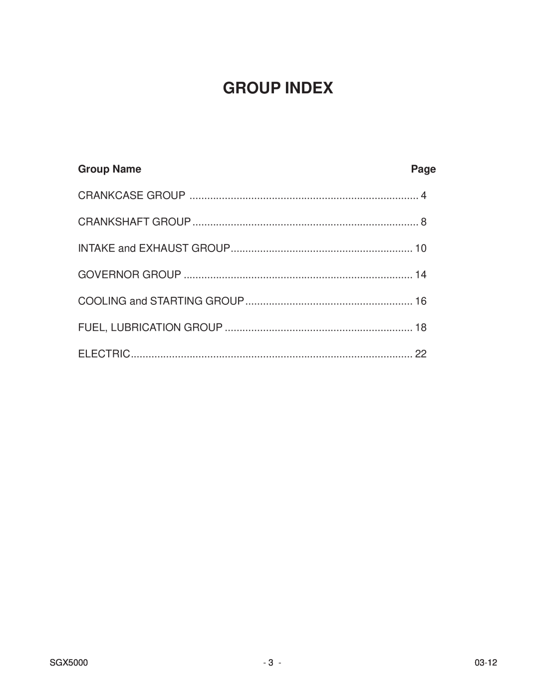 Subaru SGX5000 manual Group Index, Group Name 