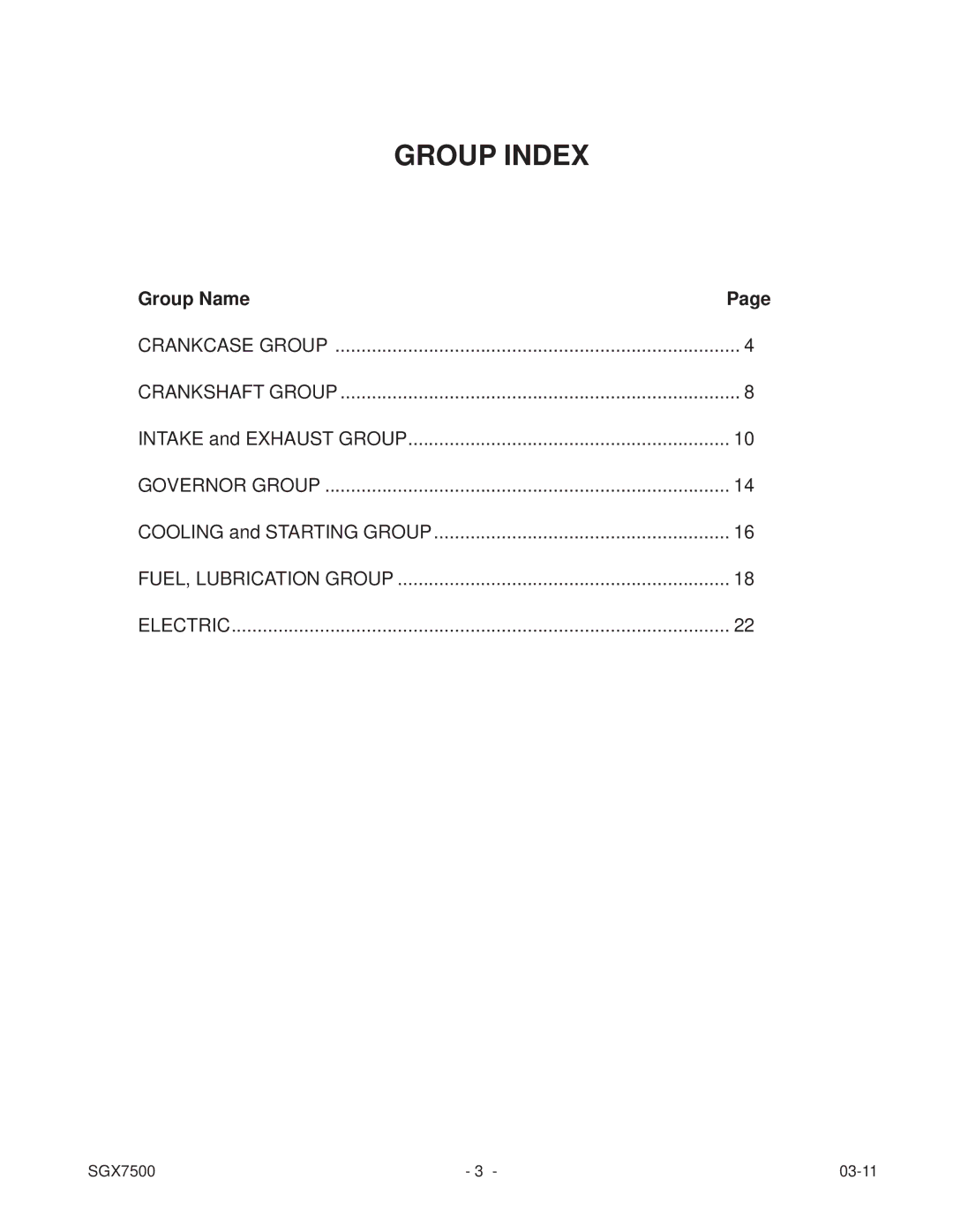 Subaru SGX7500 manual Group Index 