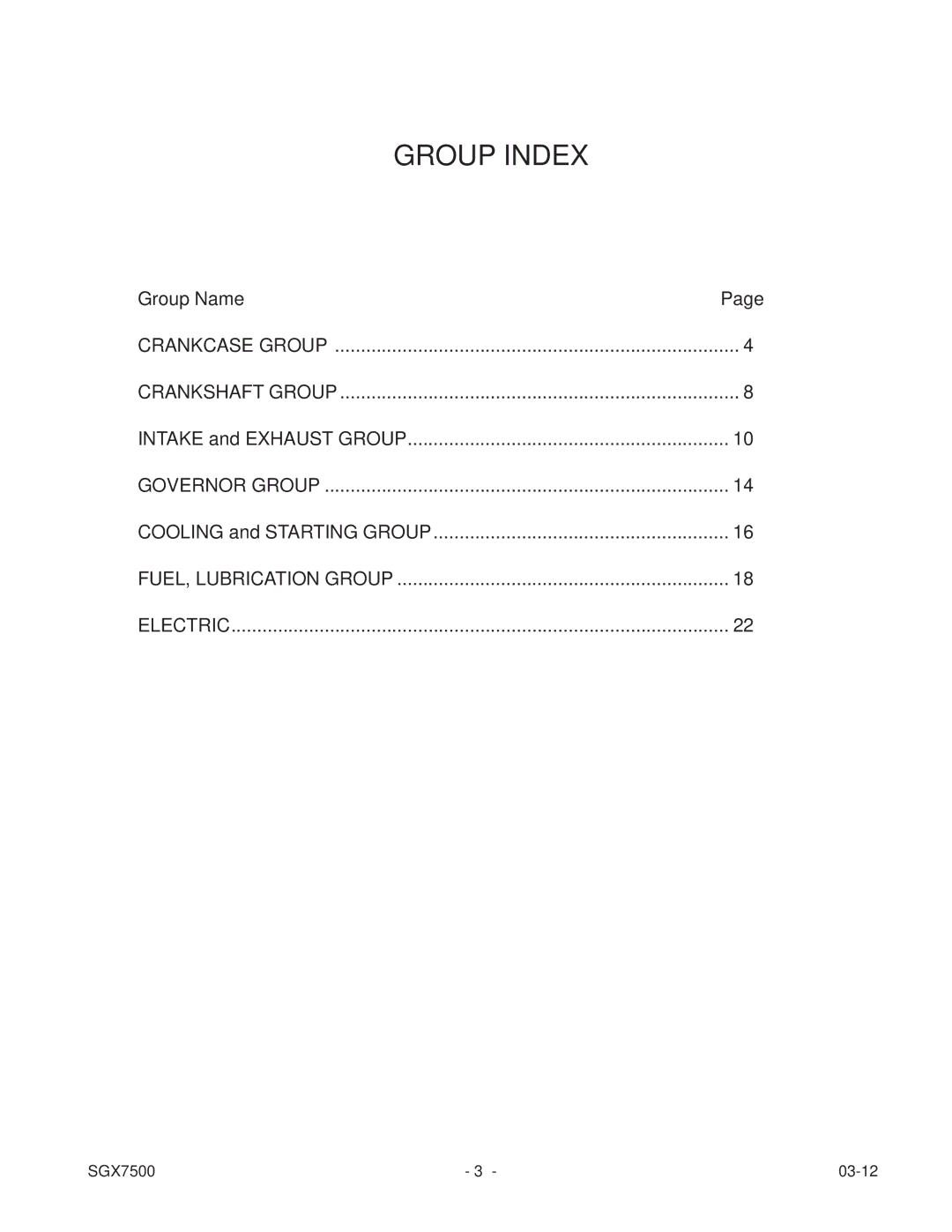 Subaru SGX7500 manual Group Index 