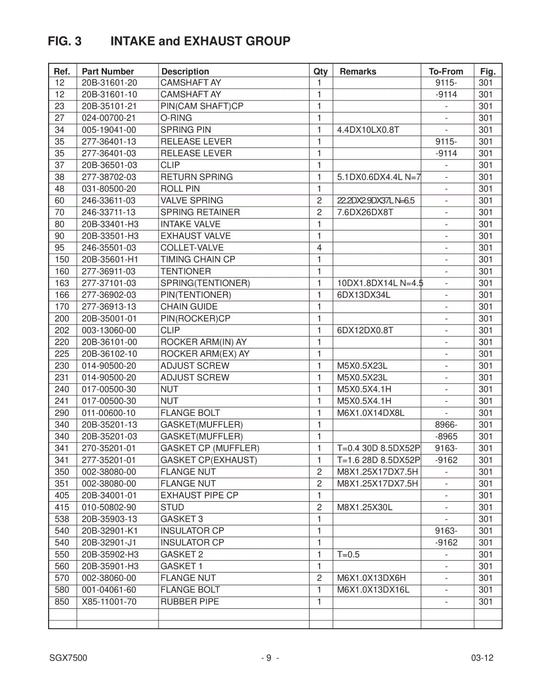 Subaru SGX7500 manual Camshaft AY 