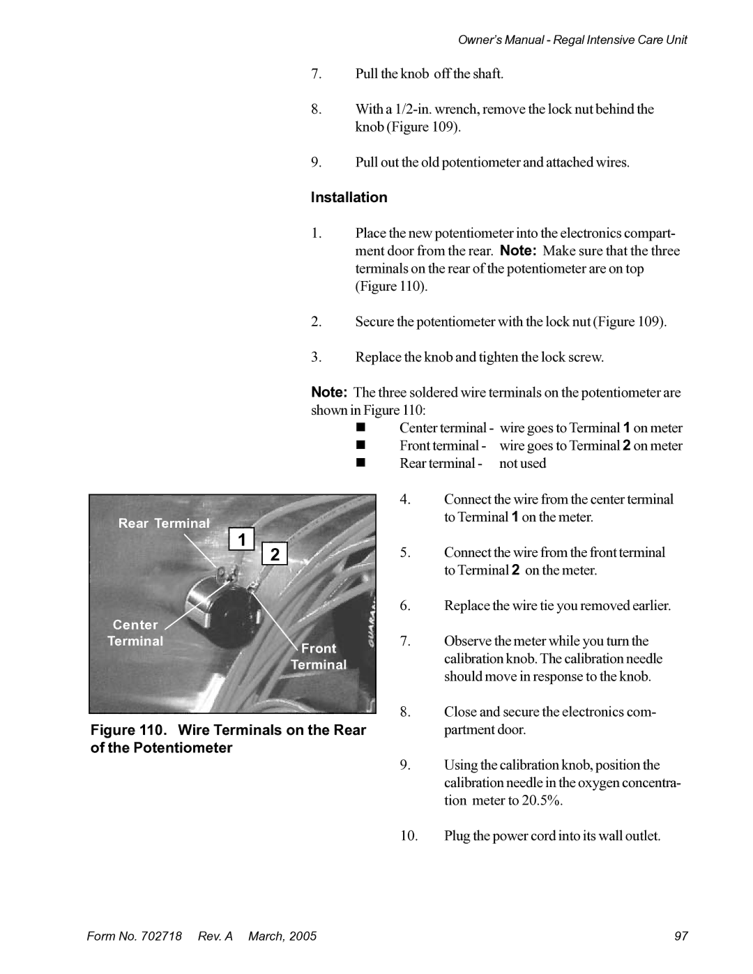 Suburban Mfg 12019-01-NGFREP manual Wire Terminals on the Rear of the Potentiometer 